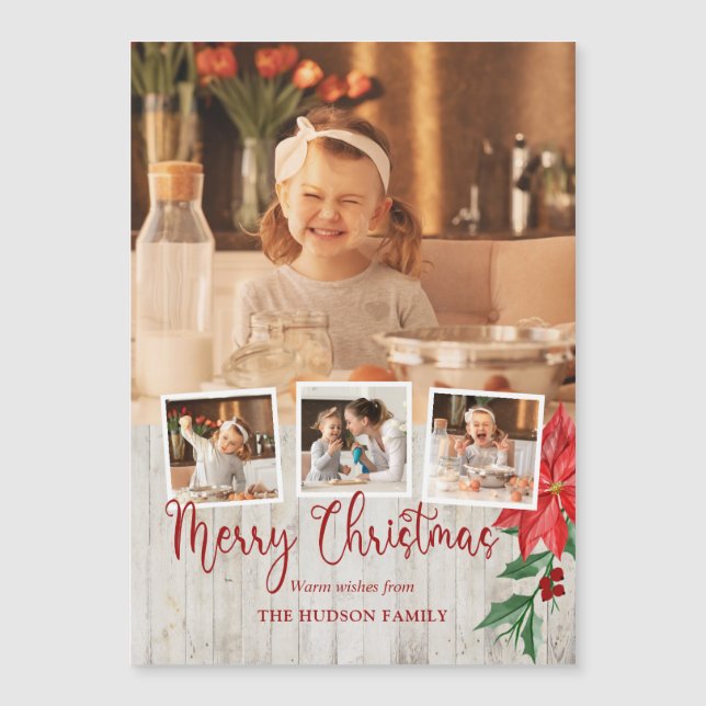 Merry Christmas Script, Poinsettia, Rustic 4-Photo (Front)