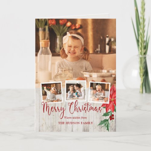 Merry Christmas Script Poinsettia Rustic 4_Photo Holiday Card
