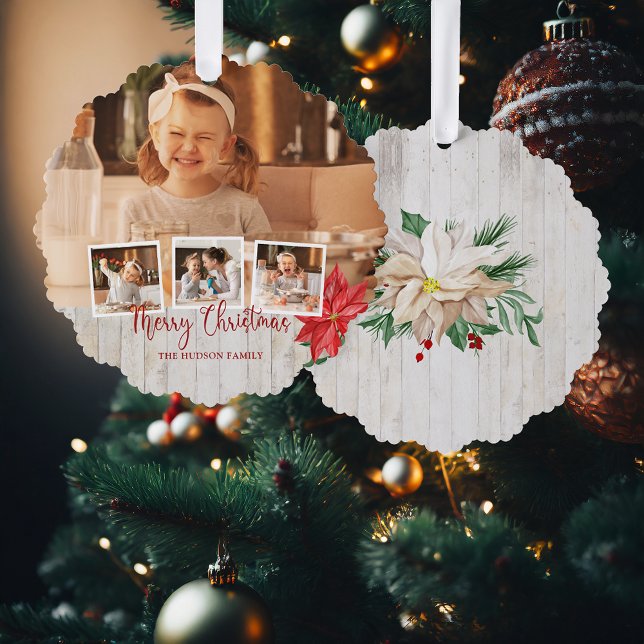 Merry Christmas Script, Poinsettia, Rustic 4-Photo Ornament Card (Creator Uploaded)