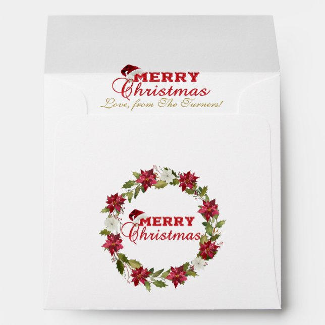 Merry Christmas Script Poinsettia Wreath Monogram Envelope (Back (Bottom))