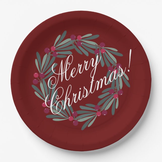 Merry Christmas Script Pretty Festive Red Paper Plates (Front)
