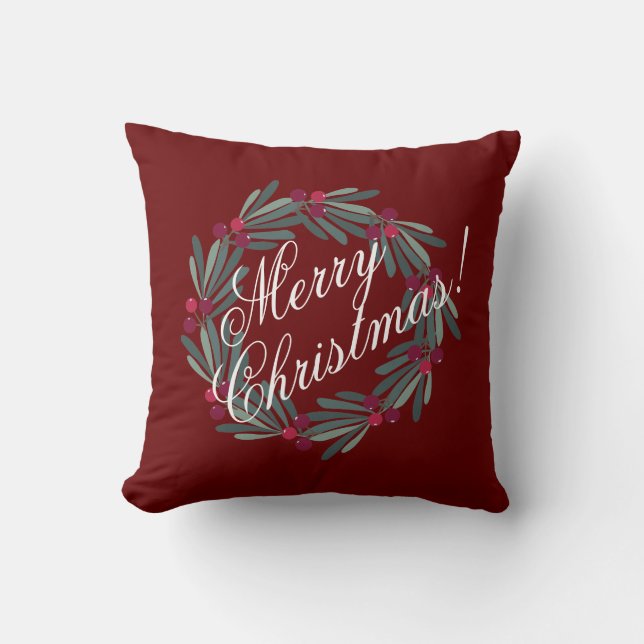 Merry Christmas Script Pretty Festive Red Throw Pillow (Front)