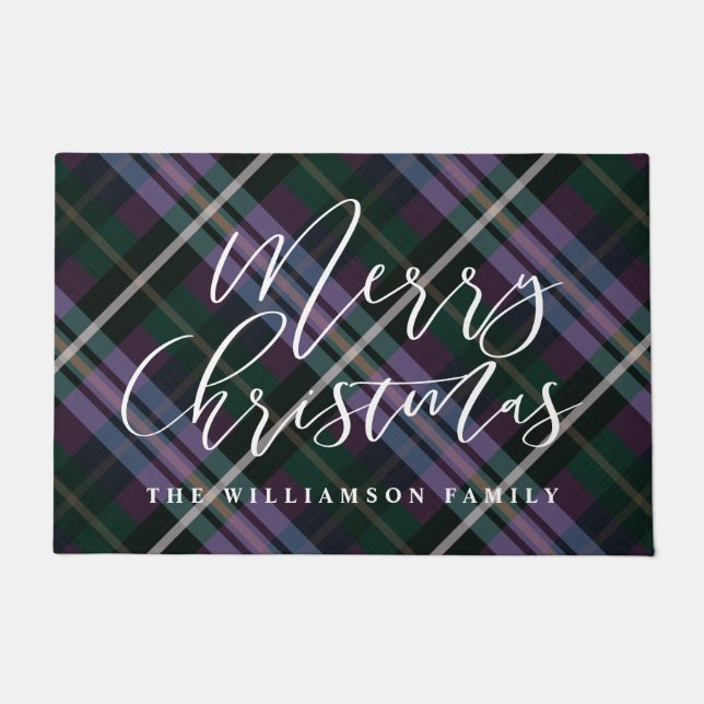 Merry Christmas Script Purple Plaid Family Name Doormat (Front)