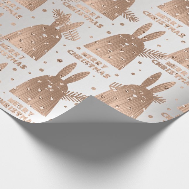 Merry Christmas Script Rabbit Gray Rose Gold Fancy Wrapping Paper (Corner)