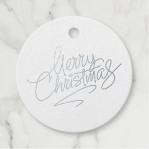 Merry Christmas Script Real Silver Foil Round Gift Foil Favor Tags