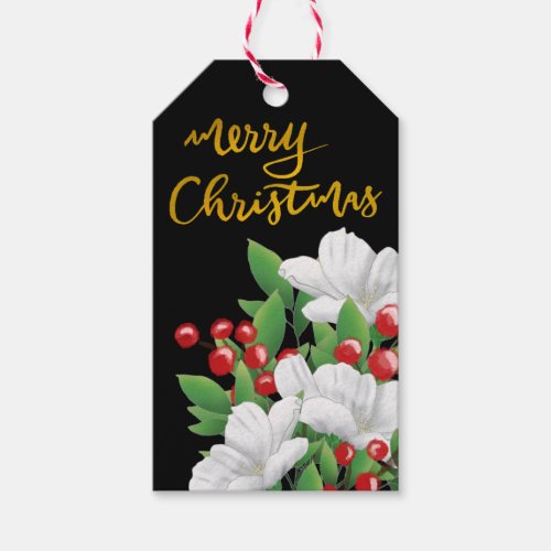 Merry Christmas Script Red Berries Floral  Gift Tags