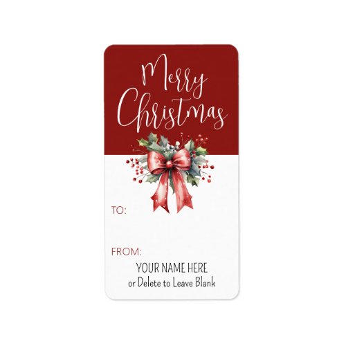 Merry Christmas Script Red Bow TOFROM Gift Tag