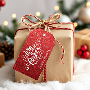 Merry Christmas script red glitter personalized Gift Tags