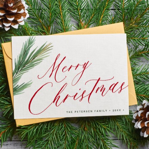 Merry Christmas script red green Holiday Card
