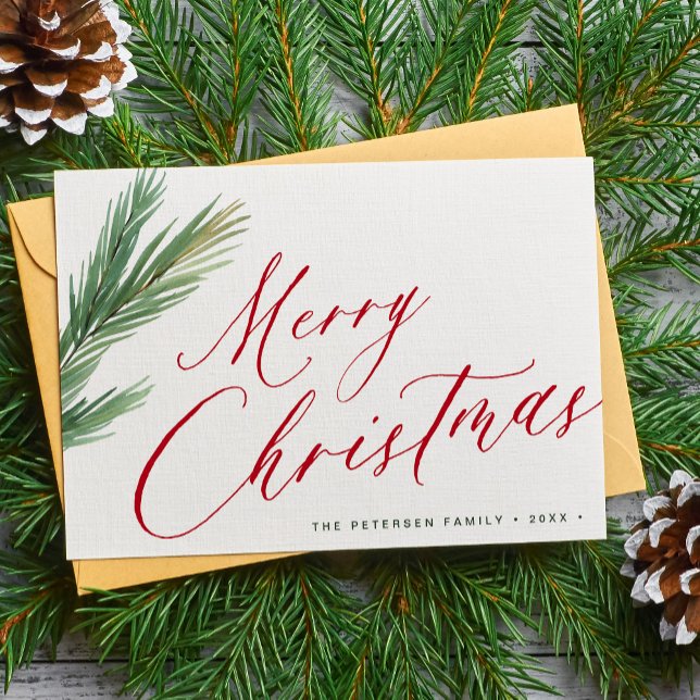 Merry Christmas script red green Holiday Card (Creator Uploaded)