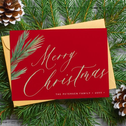 Merry Christmas script red green simple Holiday Card