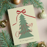 Merry Christmas script red green tree non-photo Holiday Card<br><div class="desc">Retro style red and green tree and red bow Merry Christmas handwritten script non-photo simple holiday card. Easy to personalize with your family name and year.</div>