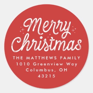 Merry Christmas script red holiday return address Classic Round Sticker
