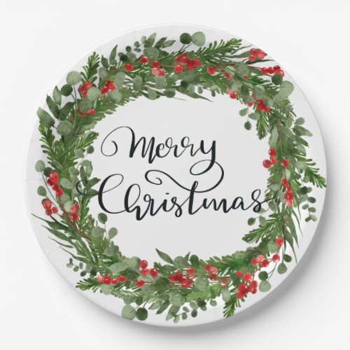 Merry Christmas Script Red Holly Leaves Wreath Paper Plates