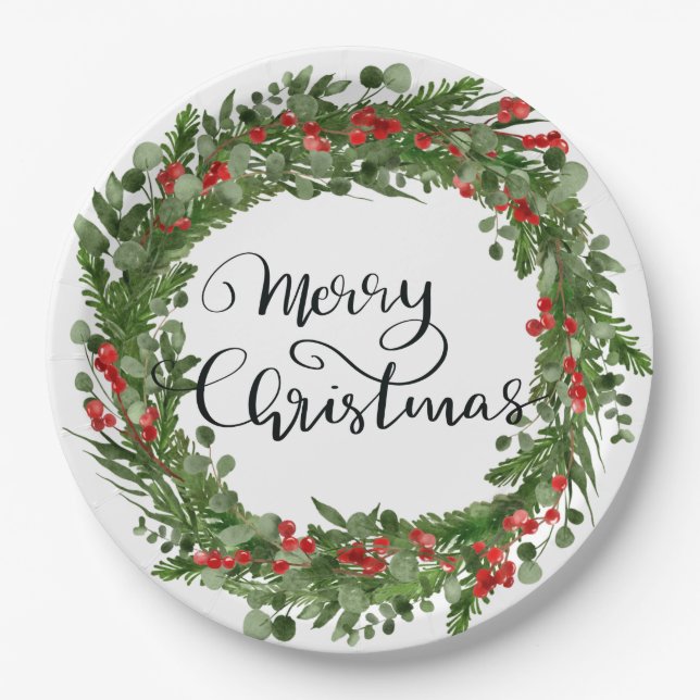 Merry Christmas Script Red Holly Leaves Wreath Paper Plates (Front)