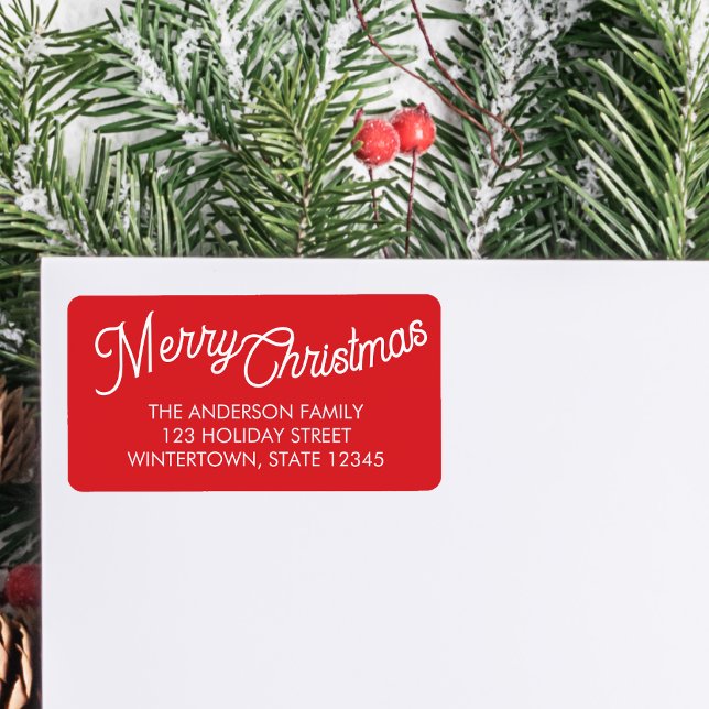 Merry Christmas Script Red Return Address Label (Creator Uploaded)