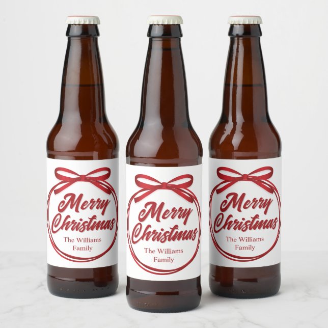 Merry Christmas Script Red Ribbon Bow Wine Label (Bottles)