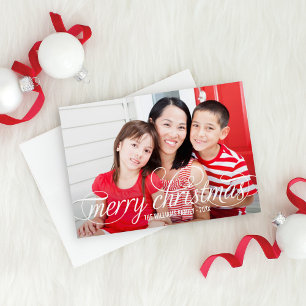 Merry Christmas Script Red Stripe Photo Holiday Card
