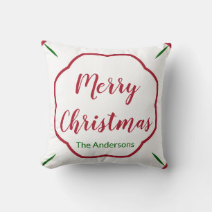 Merry Christmas Script Red White and Green Name Throw Pillow