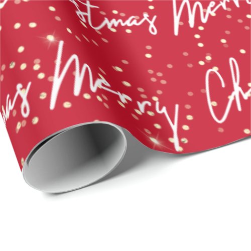 Merry Christmas Script Red White Gold Confetti  Wrapping Paper