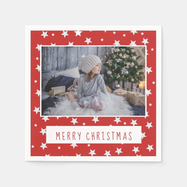 Merry Christmas Script Red White Stars Photo Napkins (Front)