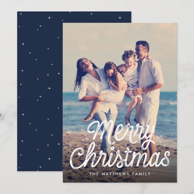 Merry Christmas script retro stars photo Holiday Card (Front/Back)
