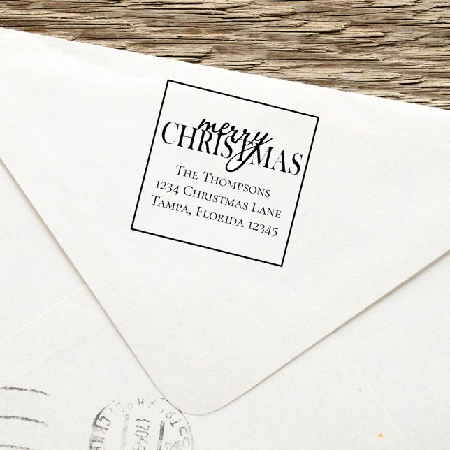 Merry Christmas Script Return Address Self-inking Stamp (Merry Christmas simple typography with return address stamp.)