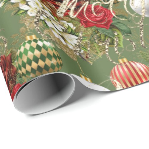 Merry Christmas Script Rose Gold Classic Red Green Wrapping Paper