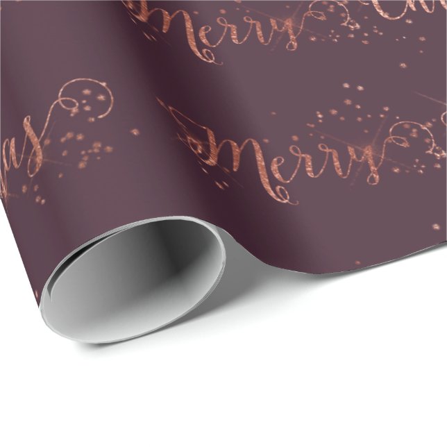 Merry Christmas Script Rose Gold Plum Burgundy Wrapping Paper (Roll Corner)