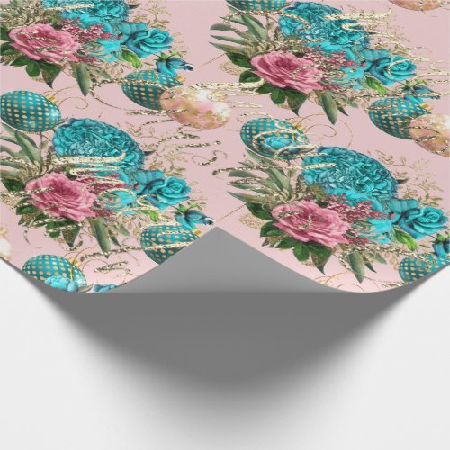 Merry Christmas Script Roses Gold Pink Blue Green Wrapping Paper