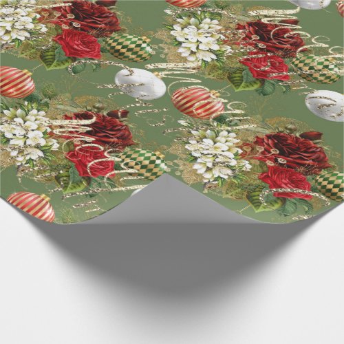 Merry Christmas Script Roses Gold Red Spark Green Wrapping Paper