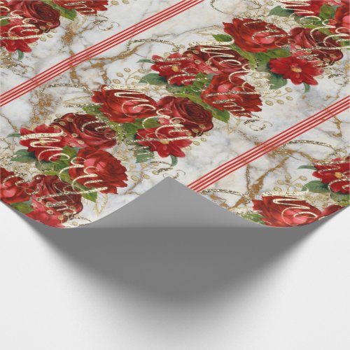 Merry Christmas Script Roses Red Gold Marble Glam Wrapping Paper