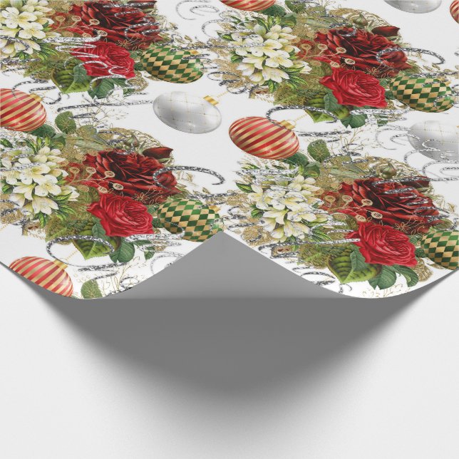 Merry Christmas Script Roses Red Gray Marble Pink Wrapping Paper (Corner)