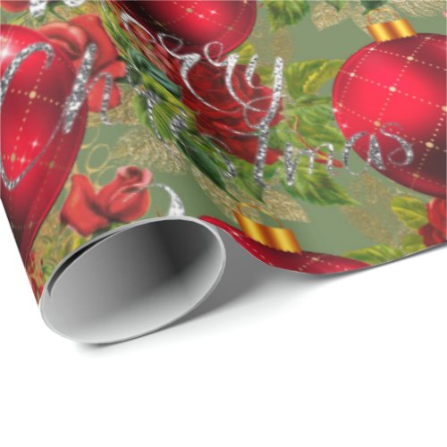 Merry Christmas Script Roses Red Mint Green Gold Wrapping Paper