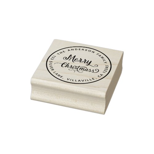 Merry Christmas  Script  Round Return Address Rubb Rubber Stamp