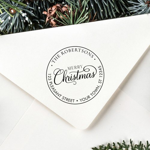 Merry Christmas Script Round Return Address Rubber Stamp