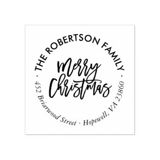 Merry Christmas Script Round Return Address Stamp