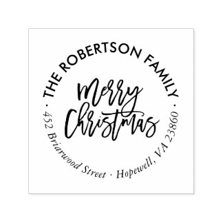Merry Christmas Script Round Return Address Stamp
