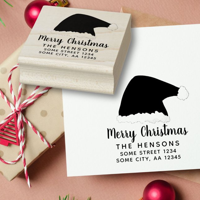 Merry Christmas Script Santa Hat Family Address Rubber Stamp (Creator Uploaded)