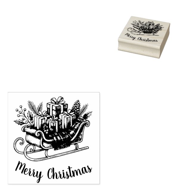 Merry Christmas Script Santa Sleigh Holiday Rubber Stamp (Stamped)