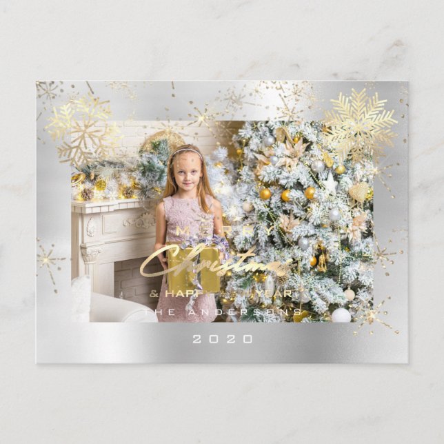 Merry Christmas Script Silver Gray Gold Lux Snow Postcard (Front)
