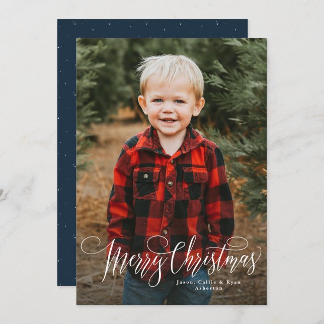 Merry Christmas script simple navy blue photo Holiday Card (Front/Back)