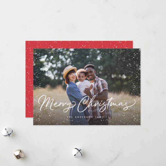 Merry Christmas Script Snow Photo Christmas Holiday Card (Front/Back In Situ)