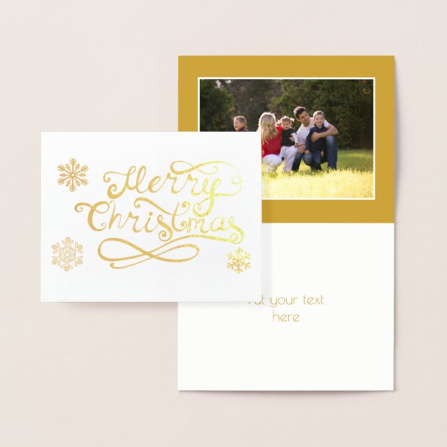 Merry Christmas script snowflakes photo gold Foil Card (Display)