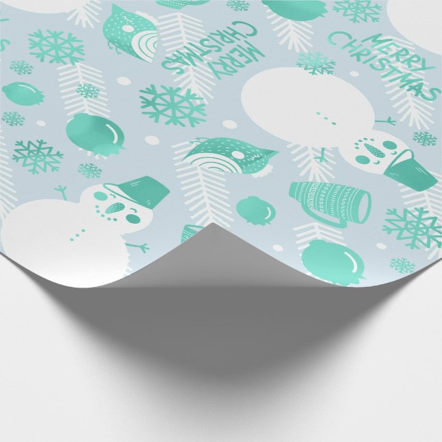Merry Christmas Script  Snowman White Mint Blue Wrapping Paper (Corner)