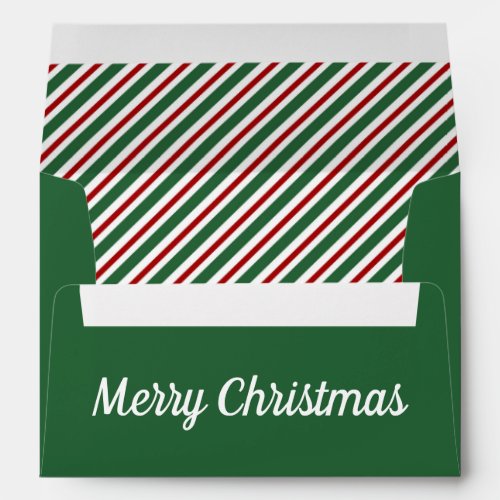 Merry Christmas Script Stripe Green Return Address Envelope