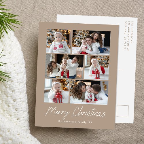Merry Christmas Script Taupe 6 Photo Collage Holiday Postcard