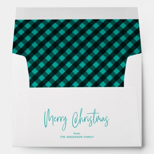 Merry Christmas Script Teal Buffalo Check Envelope