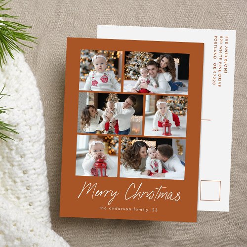 Merry Christmas Script Terracotta 6 Photo Collage Holiday Postcard