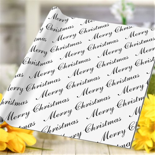 Merry Christmas Script Text Black and White Wrapping Paper